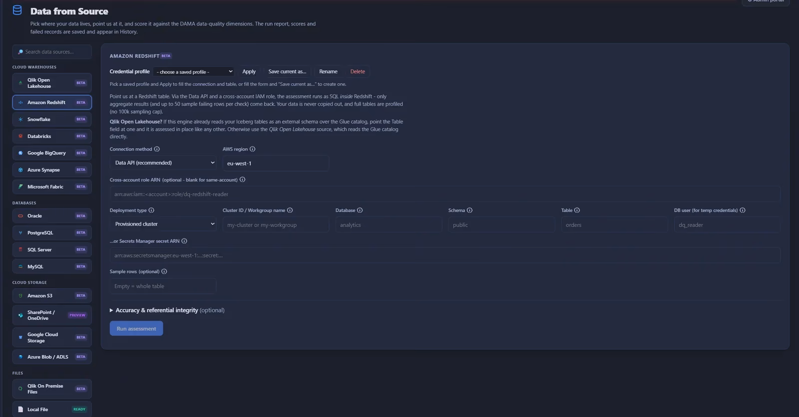 The Data from Source page: cloud warehouses, databases, cloud storage and files listed on the left, and an Amazon Redshift connection form explaining that the assessment runs as SQL inside Redshift and only aggregate results come back.